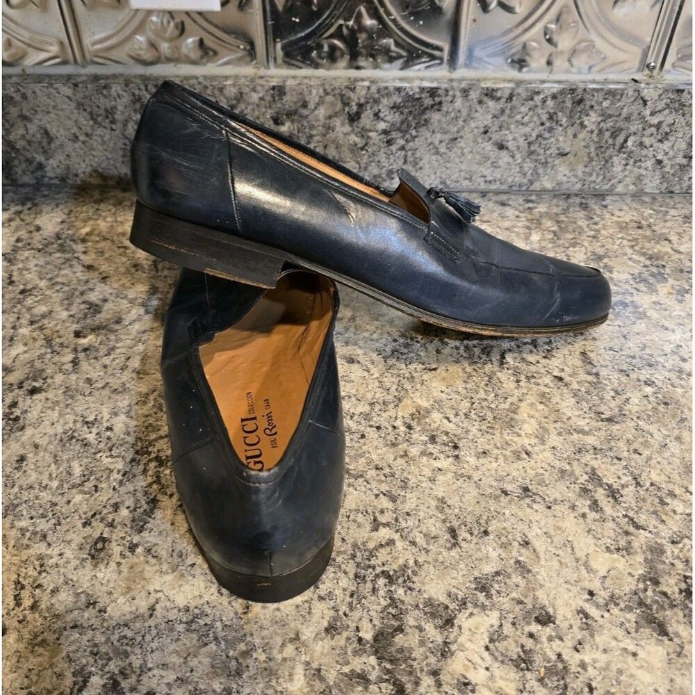 Gucci X Rossi Vintage Leather Men's Loafers Logo Tassels Navy Blue Sz 11.5